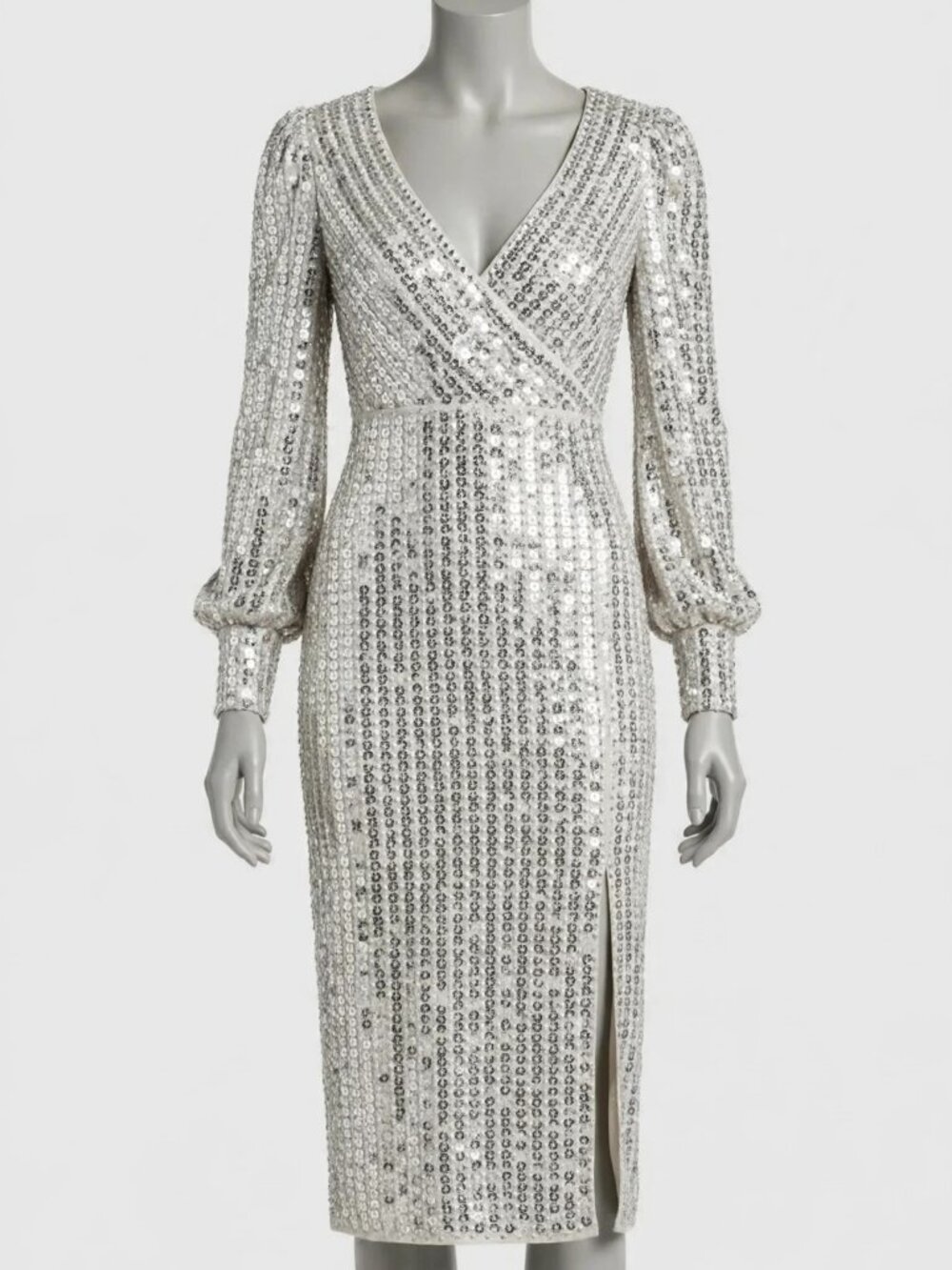 Mac Duggal Silver Sequin Long Sleeve V-Neck Midi Sheath Dress Slit 8 NWT